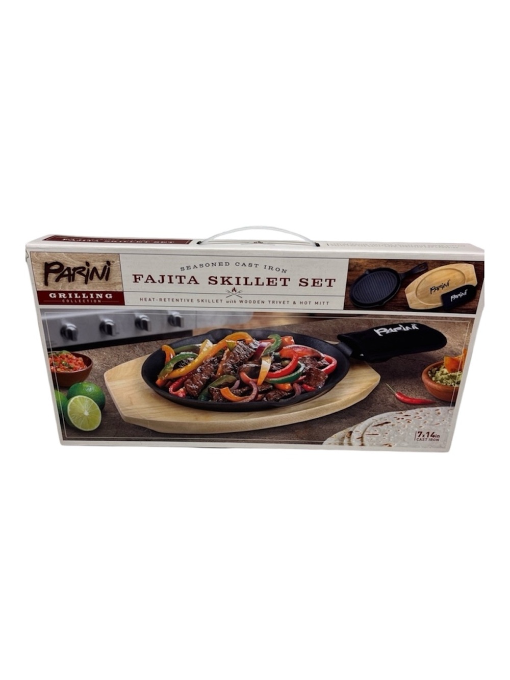 Parini Cast Iron Fajita Skillet Set Wood Trivet Hot Mitt Serving Platter